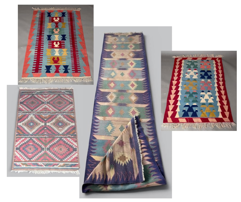 A Group of Four Kilims: Cotton kilims, in Southwest pastels with fringe ends. Various sizes and color combinations, enhanced as a group. Three apprx 5'2" x 3'8", one runner apprx 11'3" x 2'6". One with Ethan Allen label. Con