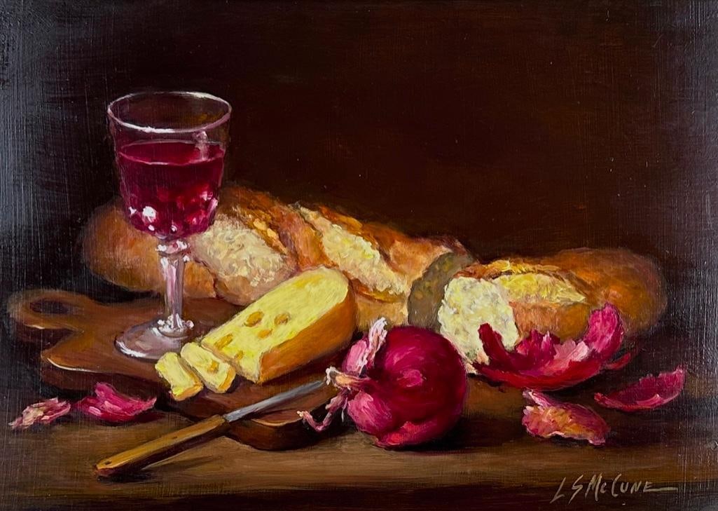 Lois S. McCune Oil, Still Life with Cheese, Onions, Bread and Glass of Wine (1 of 7)