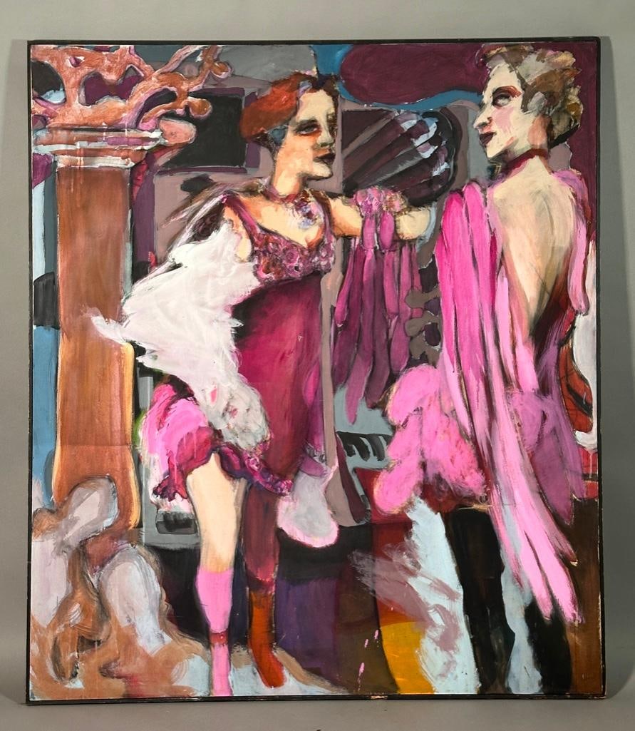 Suzan Bruner, (American b. 1947): "The Winged Victory Chatting with Madame ..... Fountain In The Louvre", acrylic on canvas, signed on verso stretcher, with 1968 Cleveland Independent student Art show label on verso, exhibited in the 