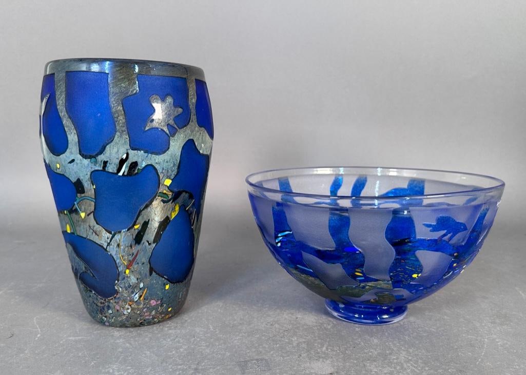 Art Glass Vase and Bowl by Bertil Vallien for Kosta Boda: Vase and Bowl made by Bertil Vallien for Kosta Boda. Vase and bowl signed and numbered on pontil. Dimensions: Bowl measures approx 9 in.dia x. 5 in.h. Vase measures appx. 6 in.dia x 9 in.h. Condition: