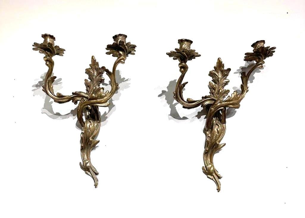 A Pair of Louis XV Style Gilt Bronze Two Light Wall Sconces (1 of 9)
