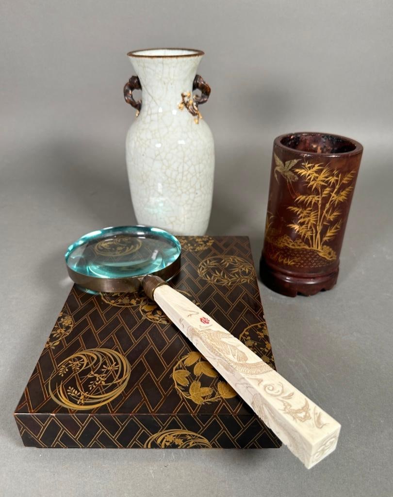 Lot of Four Asian Objects for Desk: Lot of Four Asian Objects for Desk is comprised of two Japanese lacquers--a box and brush holder-and two Chinese pieces-a magnifying glass with carved bone handle and ceramic vase. The lacquers, early