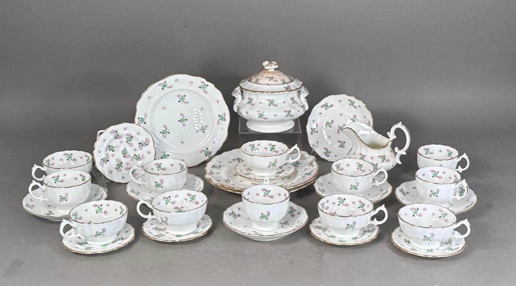 Antique Staffordshire Sprigware Porcelain Porcelain: Partial service for six, lot includes cream pitcher 5"H, covered sugar bowl 5.25"H, two serving plates 9"D, one plate 7.5"D, six 2.25"H cups with six 4.75"D saucers and six 2"H cups with six 5.75"D sa