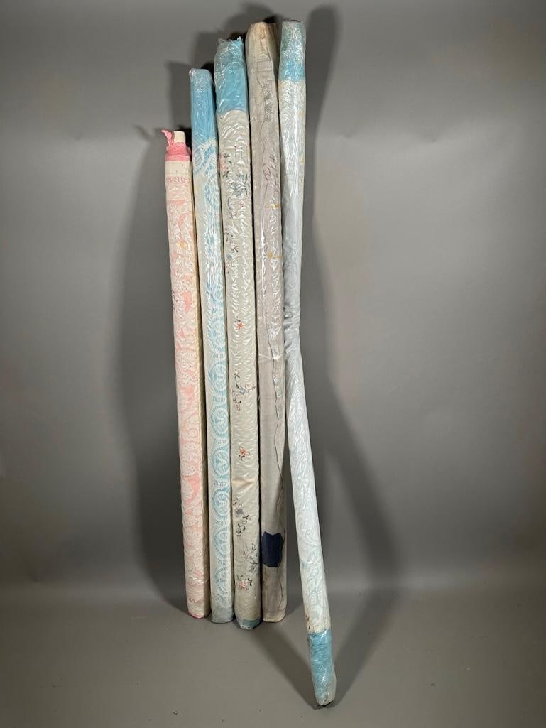 Antique Tablecloths Linen & Lace: Five rolled tablecloths, from the cleaners, and stored for years, not opened. Take a chance on this mystery lot of linen and lace. Apprx 63 to 73 inches in width. Condition: unknown; these are rolled