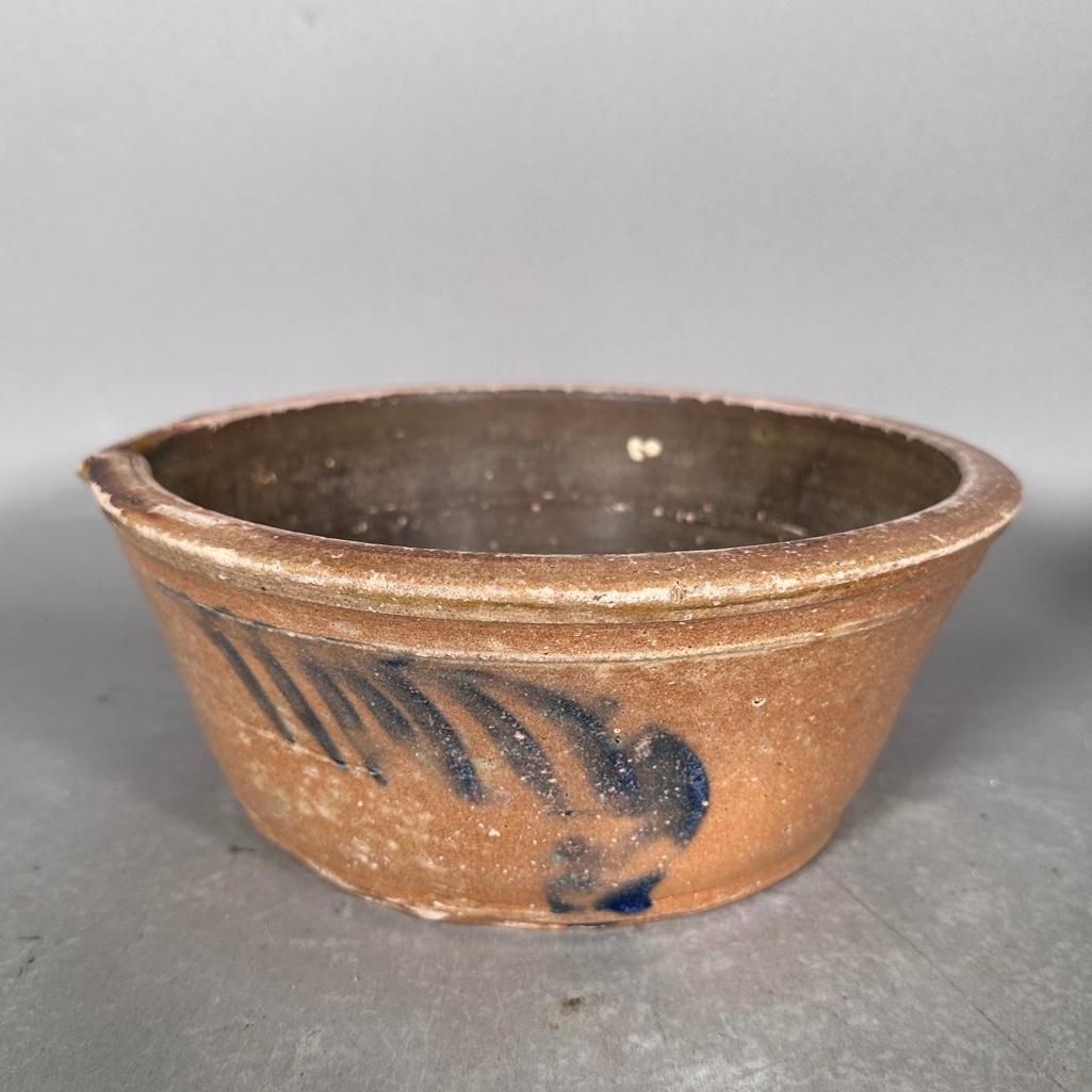 Shenandoah Valley Cobalt Decorated Milk Pan, 19th Century: Salt glazed and freehand painted in cobalt blue with three dropped feathers, slightly conical form, flat bottom, rounded spout-tooled banding at rim, apprx 4"T x 10"D. Condition: losses to glaze on