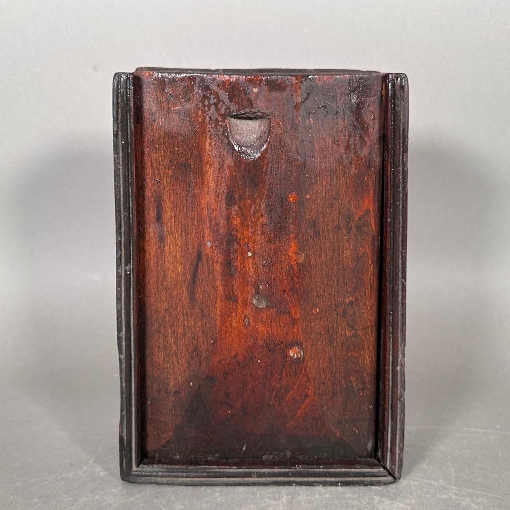Antique Wood Candlebox: Dove tailed constructed wood box with sliding panel, four interior compartments, apprx 2.5 x 8 x 5.5 in. Condition: separations at corner and one fissure at corner.