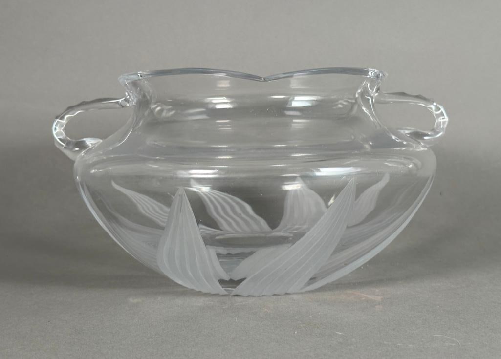 Etched Glass Center-piece Bowl: Etched flower head design on clear glass bowl with handles, 5.5"T x 10.5"W. No signature found, Condition: excellent.