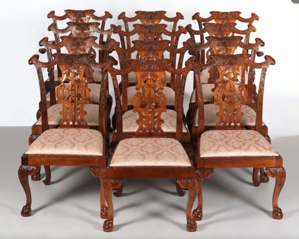Twelve Mahogany Chippendale Style Carved Dining Chairs (1 of 10)