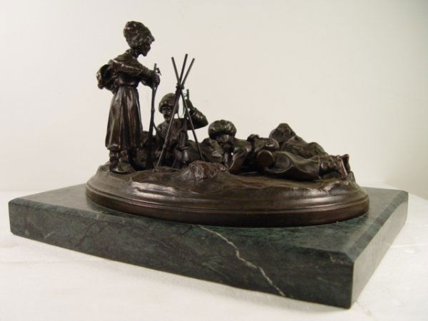 Russian Bronze by Grachev - Cossacks at Campsite: Russian Bronze by Grachev - Cossacks at Campsite. On Marble Base. F. Chopen production.Overall 13"long x 10"wide x 8"high.