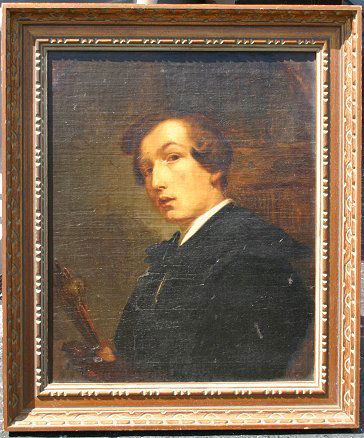 19TH C ARTIST SELF PORTRAIT.: 19TH C OIL/CANVAS MOUNTED TO BOARD ARTIST SELF PORTRAIT: 22 1/2'' x 18 1/2'', illegibly monogrammed upper right, encased in carved gilt frame, 27 1/2'' x 23 1/2''. Several repairs to tears, has been r