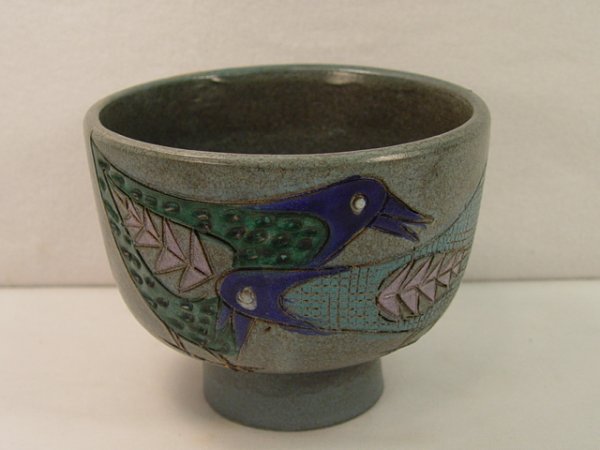 Signed Bird Design Art Pottery Footed Vessel.