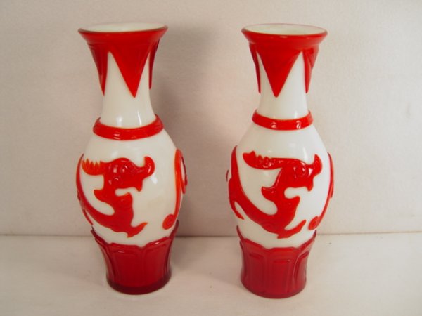 Pair of Red Over White Peking Glass Dragon Vases.