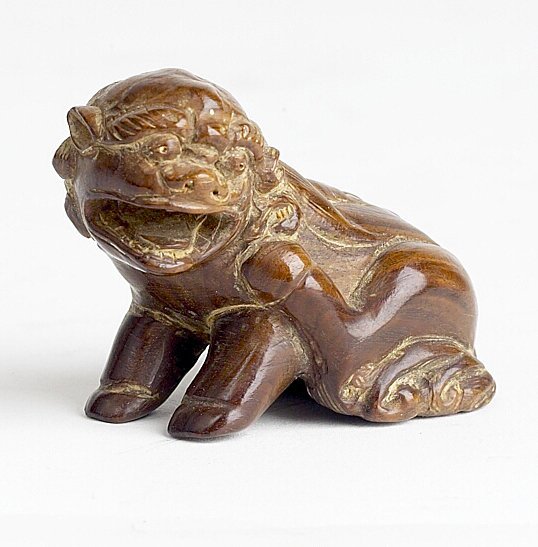 Old Signed Wood Carved Foo Dog Netsuke