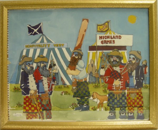 Signed Watercolor of Highland Games.