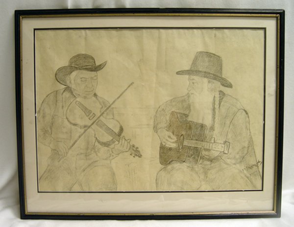Framed Pencil Drawing of Country Musicians.