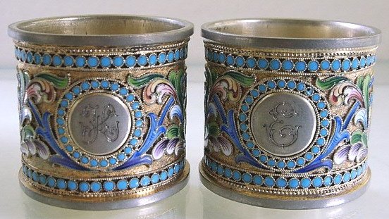 Russian Silver-gilt & Enamel Pair of Napkin Rings