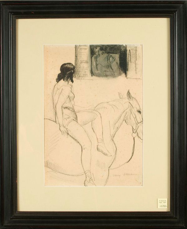 Henri OTTMANN (French, 1877-1927): Henri OTTMANN (French, 1877-1927) Nude on the Horse. Drawing. Pencil/Paper. 15 X 10.5 in., frame 23.5 X 19.5 in.