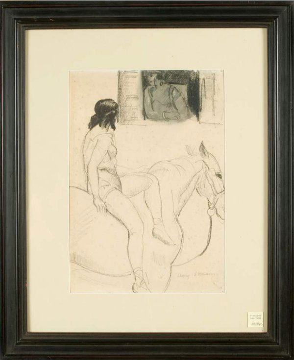 Henri OTTMANN (French, 1877-1927): Henri OTTMANN (French, 1877-1927) Nude on the Horse. Drawing. Pencil/Paper. 15 X 10.5 in., frame 23.5 X 19.5 in.