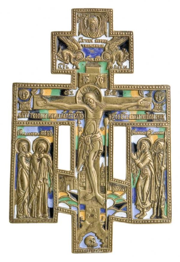Russian Bronze and Enamel Crucifix Icon Cross: Russian Bronze and Enamel Crucifix Icon Cross 19 c. Six colors of enamel. Circa 1850s. Made of bronze. Heavy casting. 6 3/4 in. X 4 1/4 in. Good condition