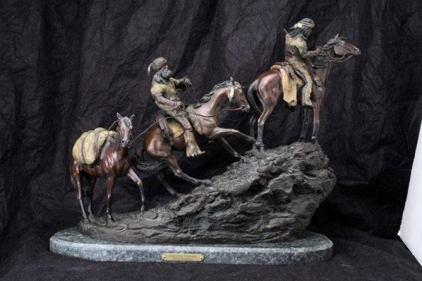 After Frederic Remington (1861-1909). Unknown Expl: After Frederic Remington (1861-1909). Unknown Explorers. Limited edition bronze sculpture by Roy Harris is based on the original painting by Frederic Remington. Bronze on the green marble base. Signed