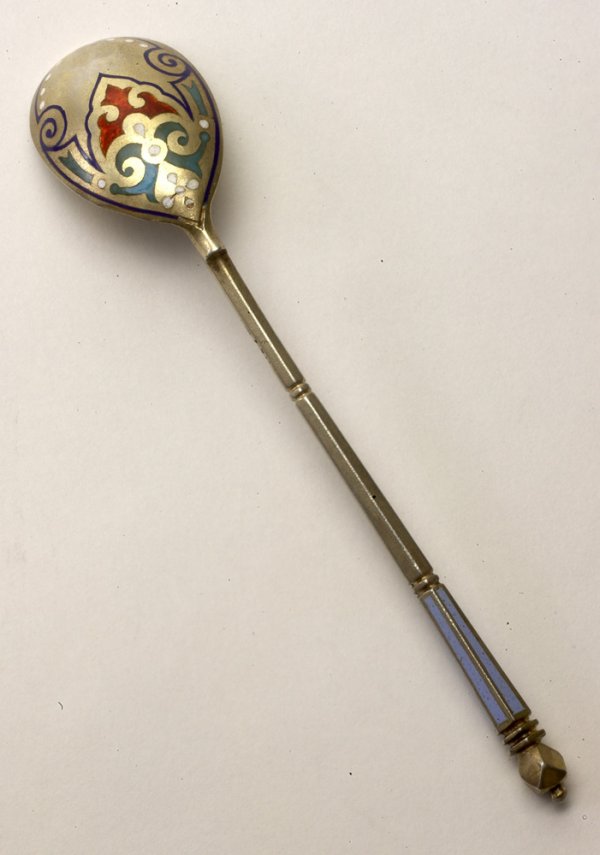 Russian Silver and enamel tea spoon by Khlebnikov: Russian Silver and enamel tea spoon by Khlebnikov. Cyrillic Maker’s Marks IKh (Ivan Khlebnikov), 88 standard. Length 6 in.