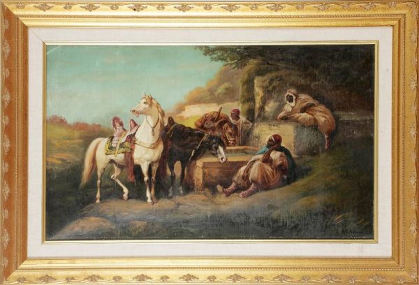 Continental School Painting. Oriental Subject. Circ: Continental School Painting. Oriental Subject. Circa 1920.Oil on canvas. Signed. Size 14 X 23 in., frame 20 X 29 in.
