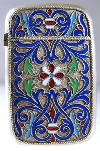 Russian Silver & Closonne Enamel Vesta Case by Grac: Attractive Russian silver-gilt and closonne enamel vesta case, monogram date 1893. Decorated on both sides of the case with stylized flowers and foliage motifs in white, red, navy blue, green and ligh