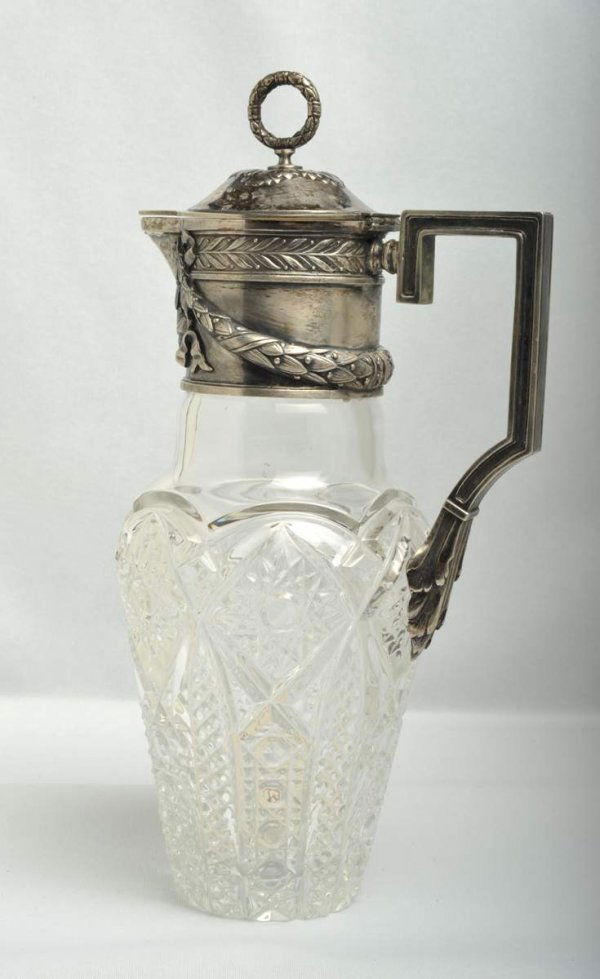 Russian Pitcher Marked Faberge.: Russian Pitcher Marked Faberge. Crystal with Silver. Marked on the hand and the lid. H. 11.5 in.