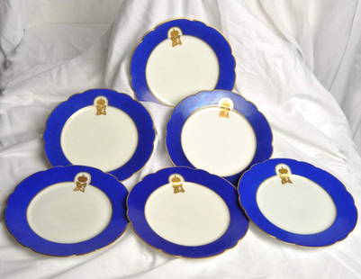Set of Six Russian Porcelain Plates by KUZNETSOV: A SET OF SIX RUSSIAN IMPERIAL BLUE AND GILT PORCELAIN DINNER PLATES. KUZNETSOV FACTORY, PRINTED GILD MARKS, GILT LETTER MARKS. D. 9.5 in.