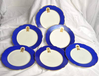 Set of Six Russian Porcelain Plates by KUZNETSOV: A SET OF SIX RUSSIAN IMPERIAL BLUE AND GILT PORCELAIN DINNER PLATES. KUZNETSOV FACTORY, PRINTED GILD MARKS, GILT LETTER MARKS. D. 9.5 in.