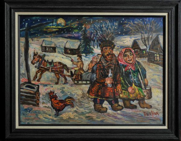 David Davidovich Burliuk (Russian, 1882-1967): David Davidovich Burliuk (Russian, 1882-1967) Winter Scene in the Country. Oil on canvas. Signed low right and on verso, dated 1957. Size: 18 X 24 in., frame 23 X 29 in.