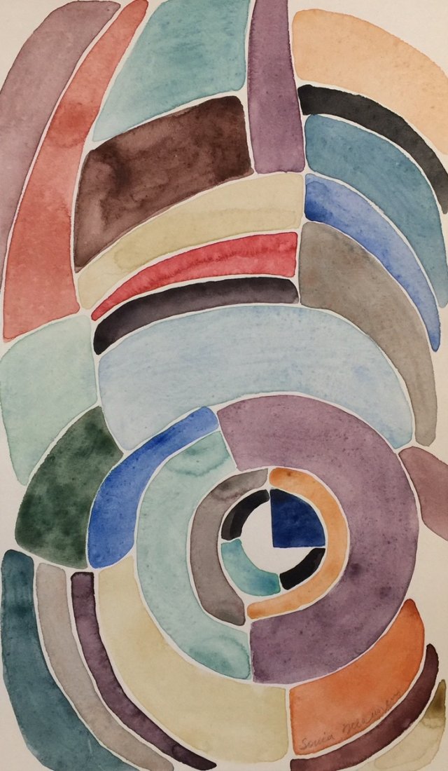 Sonia Delaunay watercolor on paper: Watercolor on paper, drawing. Signed lower right and Attr. Sonia Delaunay. From a private collection. Sonia Delaunay (1885-1979). 7,2 x 12,1 in. (18,2 x 30,8 cm). Abstraction.