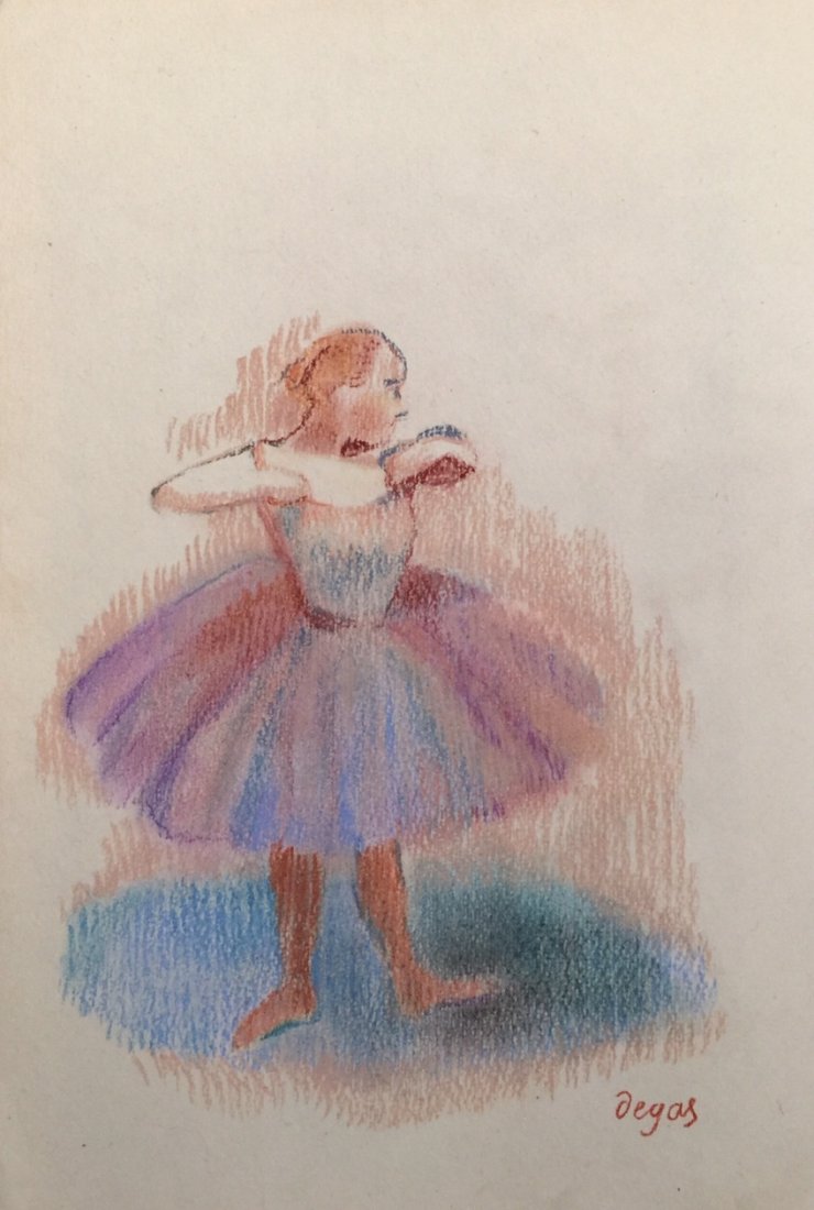 Edgar Degas pastel on paper: Pastel on paper, drawing. Signed lower right and Attr. Degas. Edgar Degas (French, 1834-1917). From a private collection. 7,7 x 11,3 in. (19,5 x 28,6 cm). Ballerina in a violet tutu.
