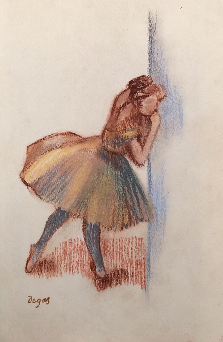 Edgar Degas pastel on paper: Pastel on paper, drawing. Signed lower left and Attr. Degas. Edgar Degas (French, 1834-1917). From a private collection. 7,6 x 11,3 in. (19,2 x 28,7 cm). Ballerina in a yellow tutu.
