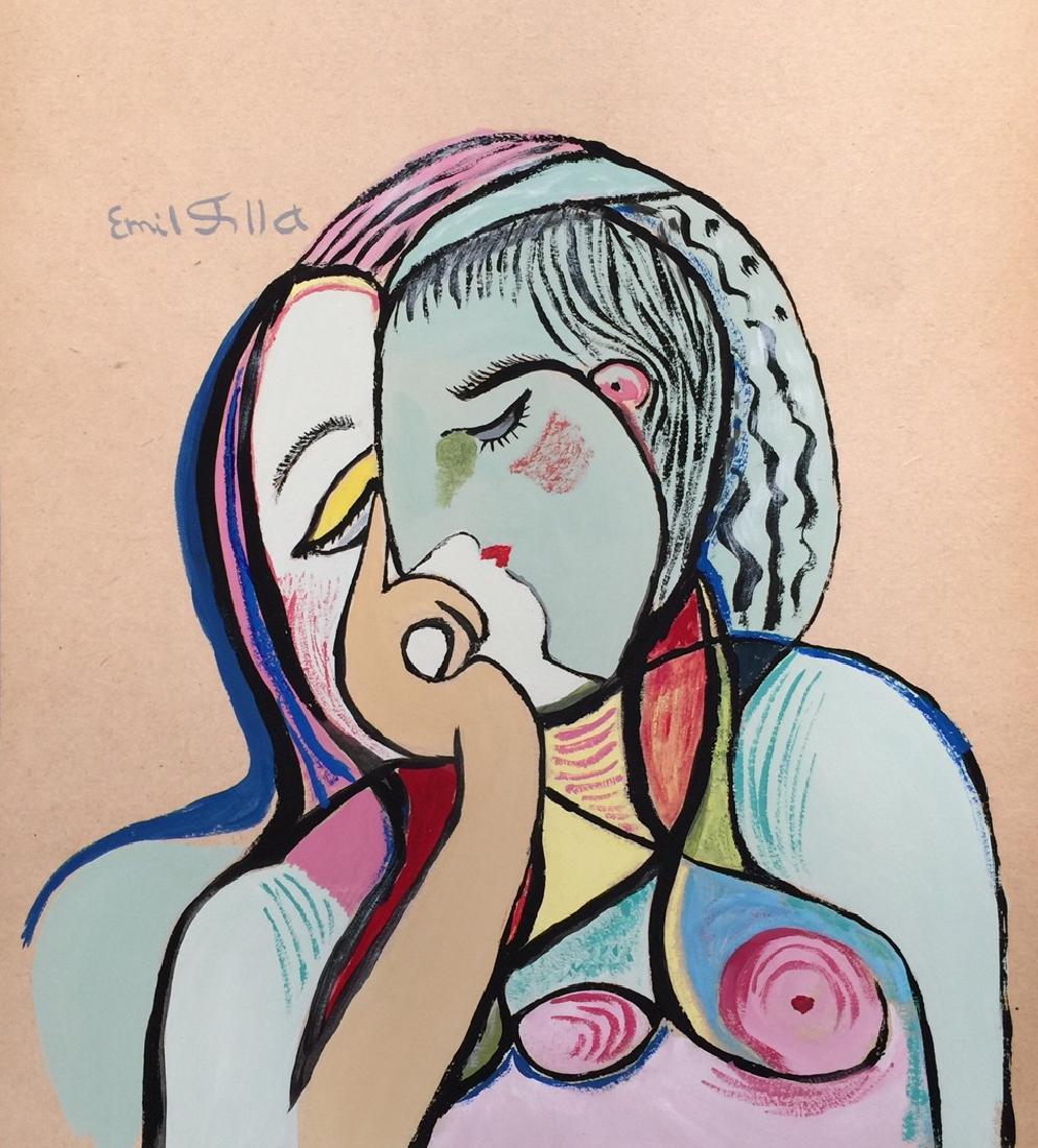 Emil Filla tempera, gouache on paper: Tempera on paper, painting. Signed upper left and Attr. Emil Filla. Emil Filla (Czech, 1882-1953). From a private collection. 9,3 x 10,2 in. (23,6 x 25,9 cm). The painting demonstrates portrait of a n