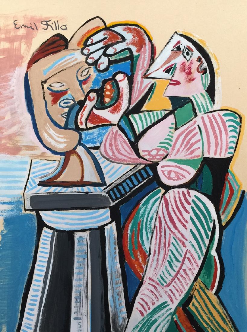 Emil Filla tempera, gouache on paper: Tempera, gouache on paper, painting. Signed upper left and Attr. Emil Filla. Emil Filla (Czech, 1882-1953). From a private collection. 7,3 x 9,8 in. (18,6 x 25 cm). The painting demonstrates a woman i