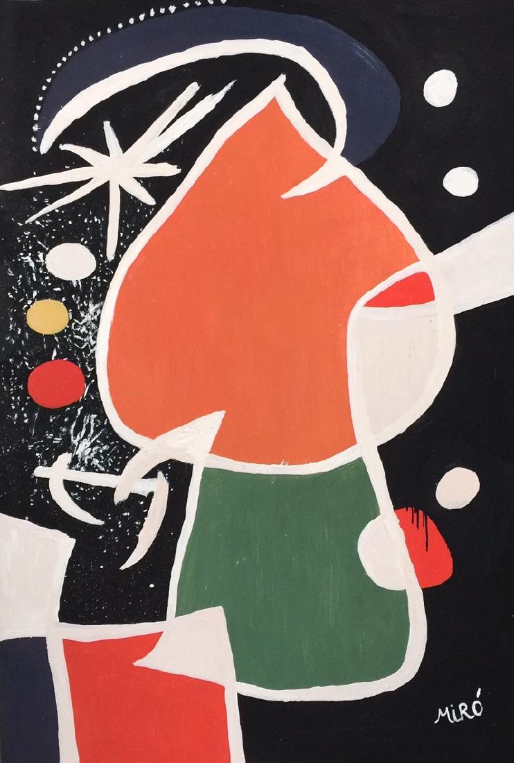 Joan Miro tempera on paper: Tempera on paper painting. Signed lower right. From a private collection. 7,8 x 11,5 in. (19,8 x 29,3 cm). Joan Miro (Spanish, 1893-1983). It is being sold in the manner or style of the artist. The pa