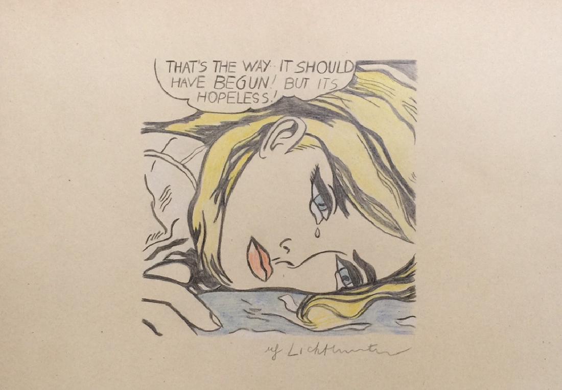 Crayon on paper Roy Lichtenstein style: Crayon on paper, drawing. Signed lower right. From a private collection. 8,1 x 11,5 in. (20,5 x 29,2 cm). Roy Lichtenstein (American, 1923-1997). It is being sold in the manner or style of the artist.