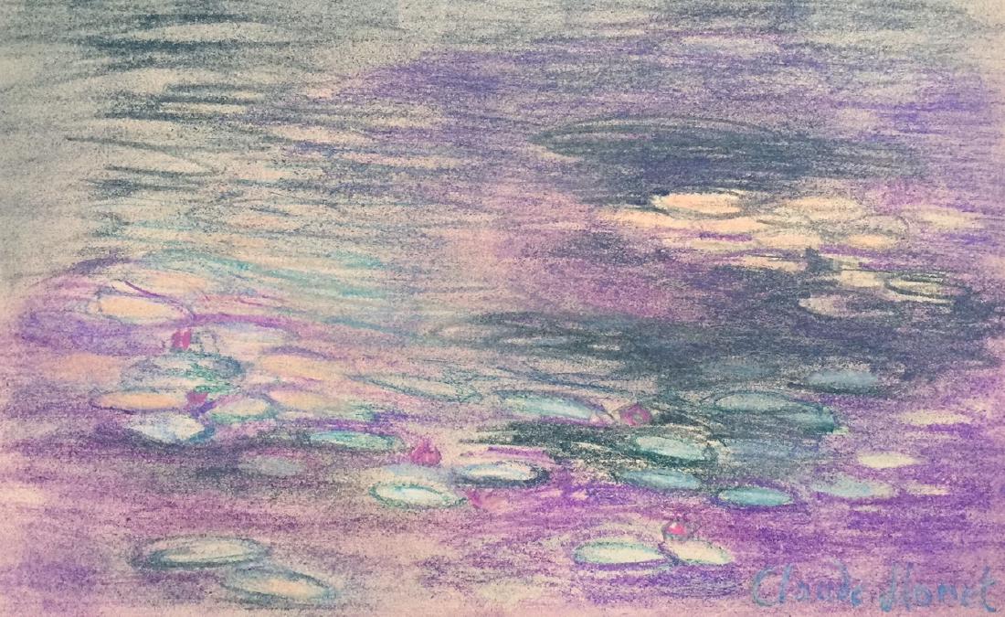 Claude Monet pastel on paper style: Pastel on paper. Signed lower right. From a private collection. 6,9 x 11,1 in. (17,5 x 28,3 cm). Claude Monet (1840-1926). It is being sold in the manner or style of the artist. Landscape with water l