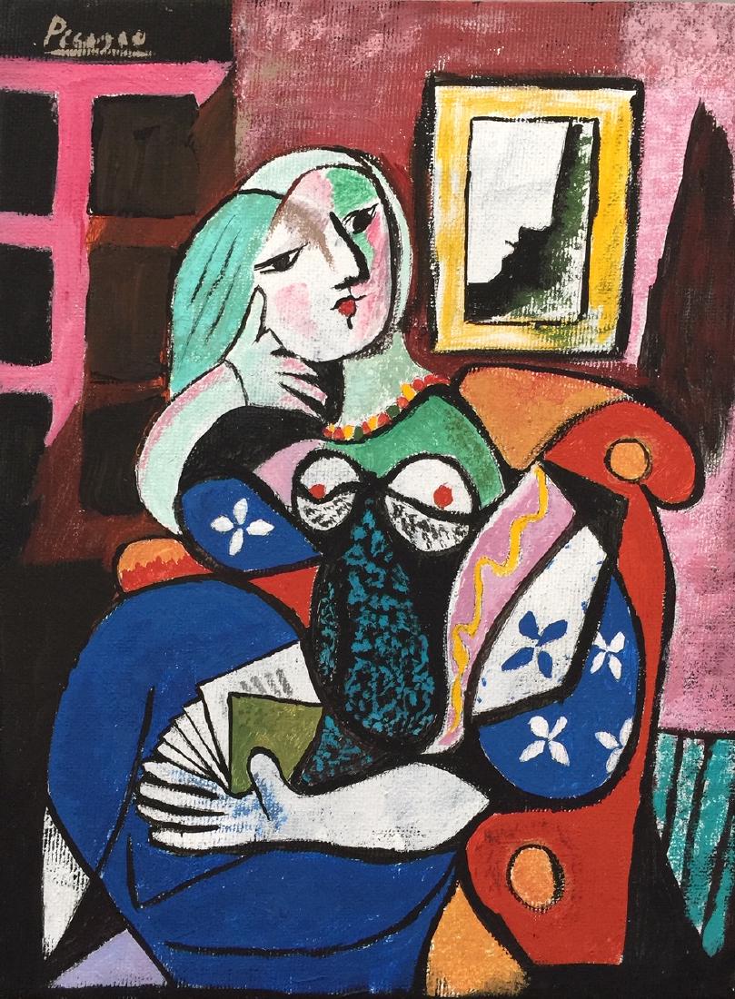 Pablo Picasso canvas on cardboard style: Tempera, canvas on board, painting. Signed upper left. From a private collection. 7 x 9,4 in. (18 x 24 cm). Pablo Picasso (Spanish, 1881-1973). It is being sold in the manner or style of the artist. W