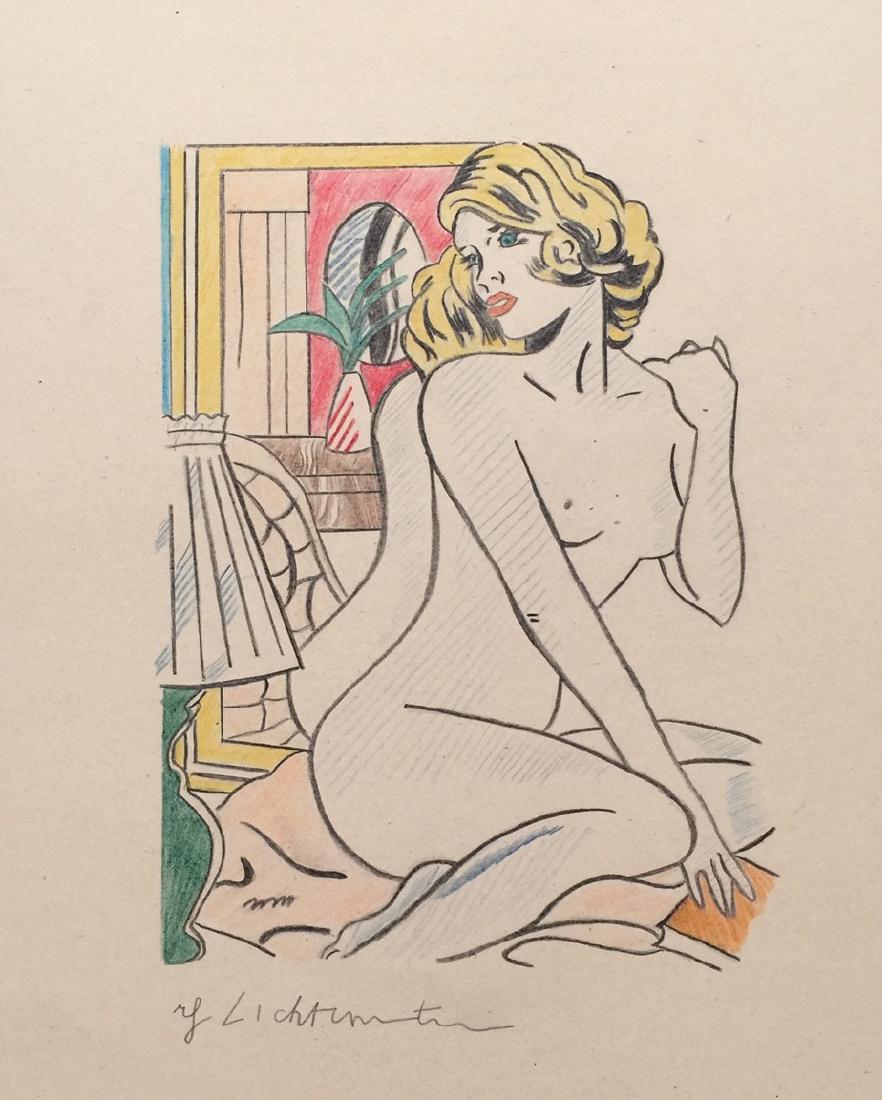 Roy Lichtenstein crayon on paper style: Crayon on paper, drawing. Signed lower left side. From a private collection. 7,6 x 9,3 in. ( 19,3 x 23,6 cm). Roy Lichtenstein (American, 1923-1997). It is being sold in the manner or style of the art