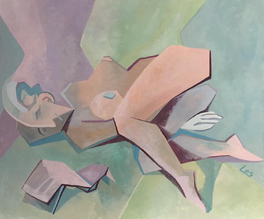 Original painting tempera on canvas woman cubism style: Tempera on canvas, painting. Signed by Les lower right side. From a private collection. 39,4 x 47,2 in. (100 x 120 cm). Woman in cubism style.