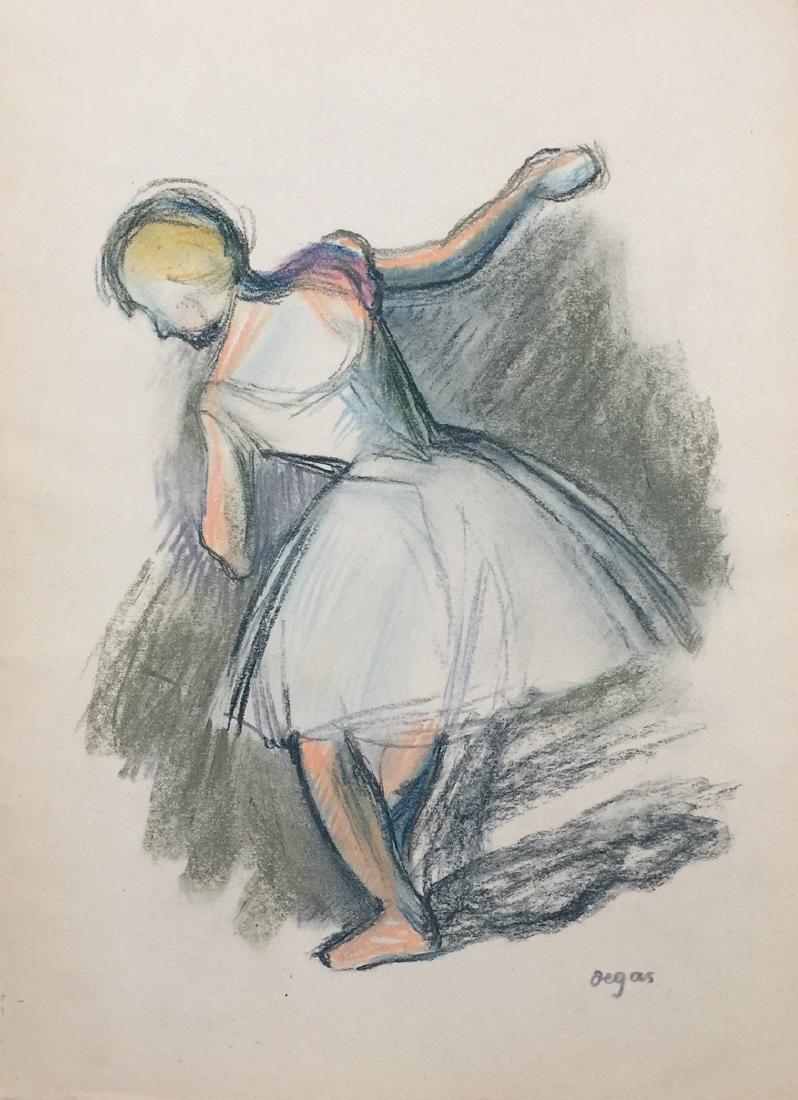 Edgar Degas pastel on paper style: Pastel on paper, drawing. Signed lower right. From a private collection. 9,5 x 12,8 in. (24 x 32,5 cm). Edgar Degas (French, 1834-1917). It is being sold in the manner or style of the artist. Ballerin