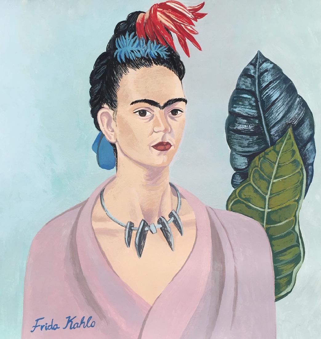 Frida Kahlo tempera on paper style: Tempera on paper, painting. Signed lower left side. From a private collection. 8,5 x 8,8 in. (21,5 x 22,3 cm). Frida Kahlo (Mexican, 1907-1954). It is being sold in the manner or style of the artist. 