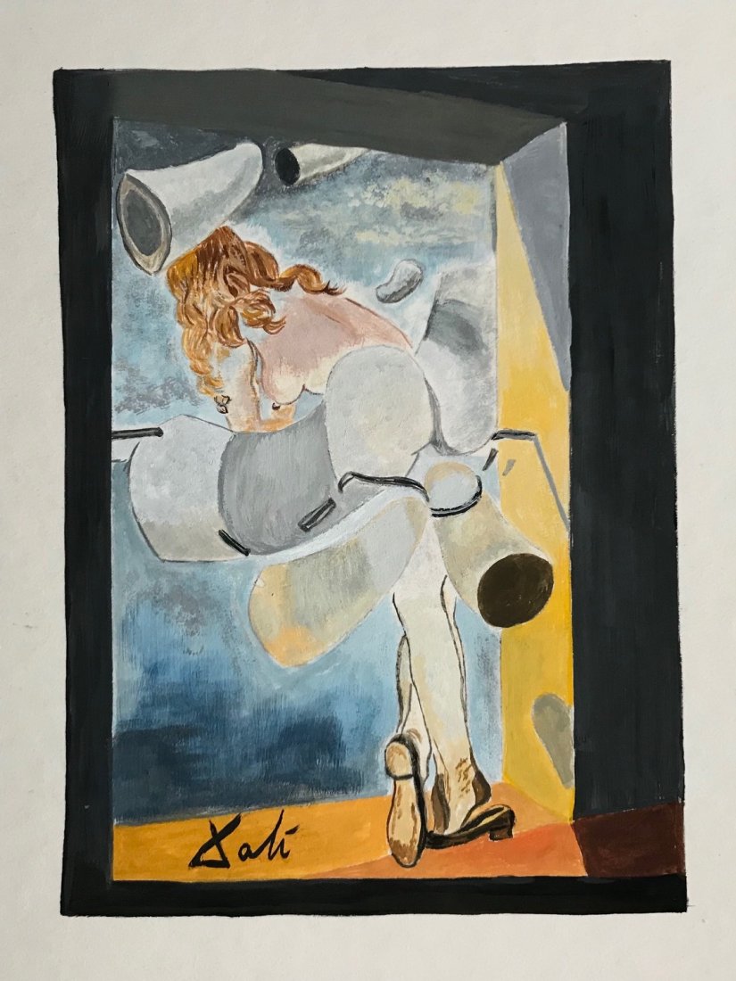 Salvador Dali tempera on cardboard style: Tempera on cardboard, painting. Signed lower left. From a private collection. 8,2 x 10,7 in. (20,8 x 27,4 cm). Salvador Dali (1904-1989, Spanish). It is being sold in the manner or style of the artist