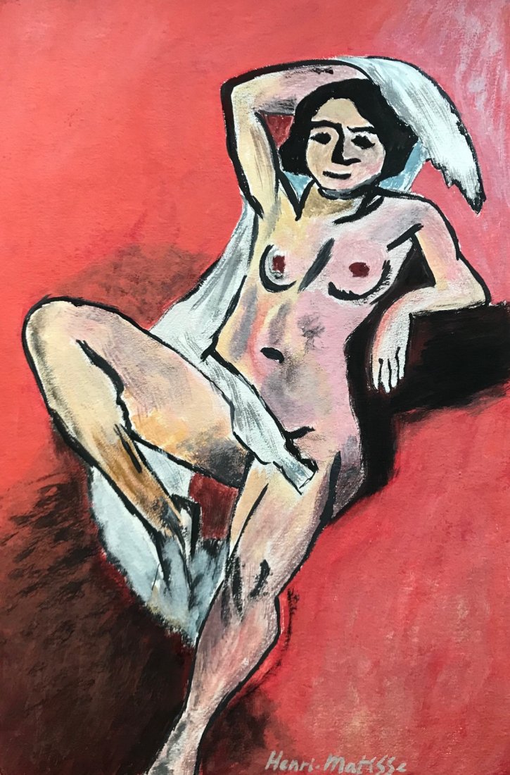 Henri Matisse tempera on cardboard style: Tempera on cardboard, painting. Signed lower right. From a private collection. 7,9 x 11,7 in. (20 x 29,7 cm). Henri Matisse (French, 1869-1954). It is being sold in the manner or style of the artist. 