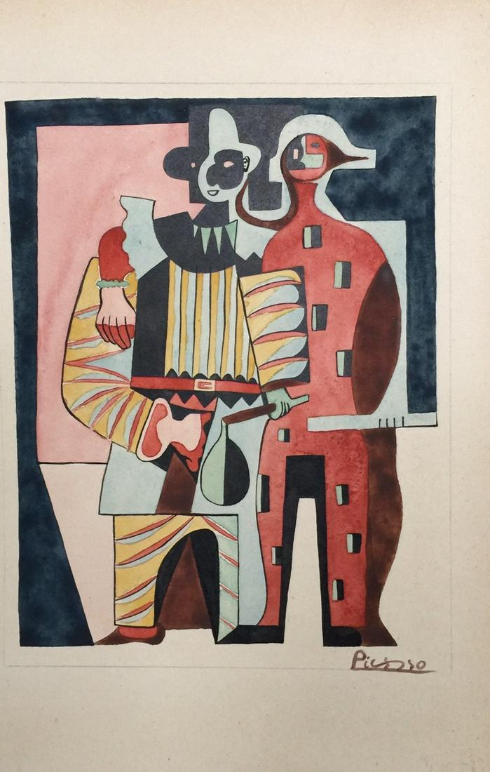 Pablo Picasso watercolor on paper cubism: Watercolor on paper, painting. Signed lower right. Pablo Picasso (1881-1973). From a private collection. 7,8 x 12 in. (19,9 x 30,6 cm). It is being sold in the manner or style of the artist. Style of