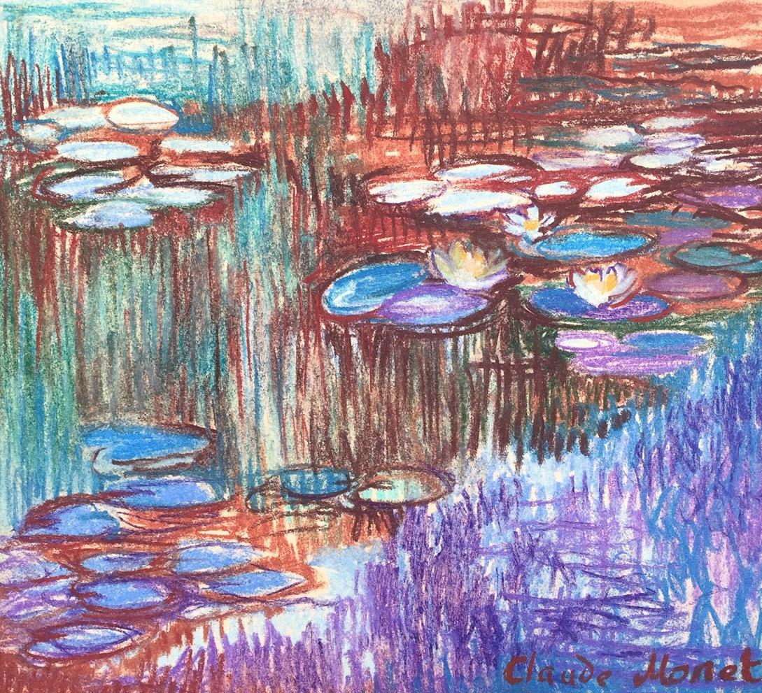 Claude Monet pastel on paper French: Pastel on paper. Signed lower right. From a private collection. 9,1 x 10 in. (23 x 25,3 cm). Claude Monet (1840-1926). It is being sold in the manner or style of the artist. Landscape with water lilie