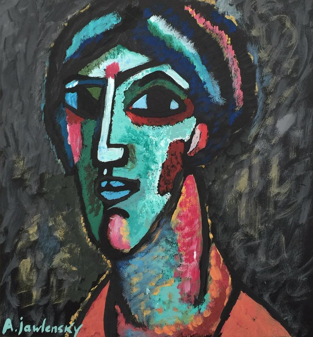 Tempera Alexej von Jawlensky on cardboard Russian: Tempera on cardboard, painting. Signed lower left. From a private collection. 8 x 8,7 in. (20,4 x 22 cm). Alexej von Jawlensky (1864-1941, Russian). It is being sold in the manner or style of the arti