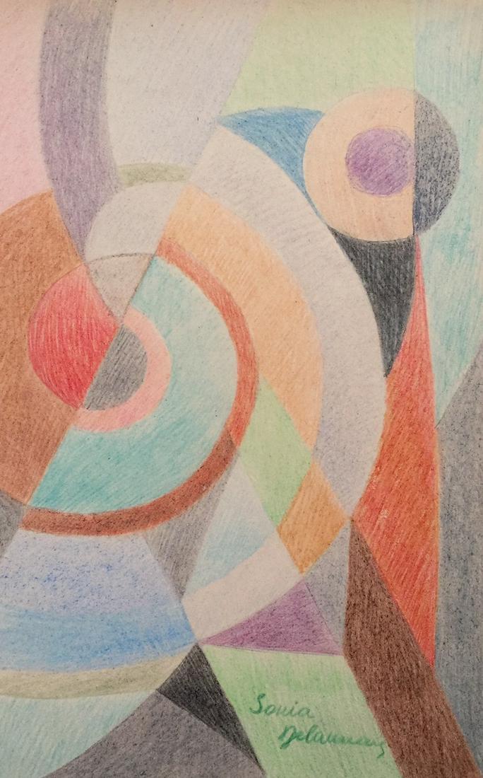 Sonia Delaunay crayon on paper abstract: Crayon on paper, drawing. Signed lower right. From a private collection. Sonia Delaunay (1885-1979). 7,7 x 12,1 in. (19,5 x 30,8 cm). It is being sold in the manner or style of the artist. Abstract co